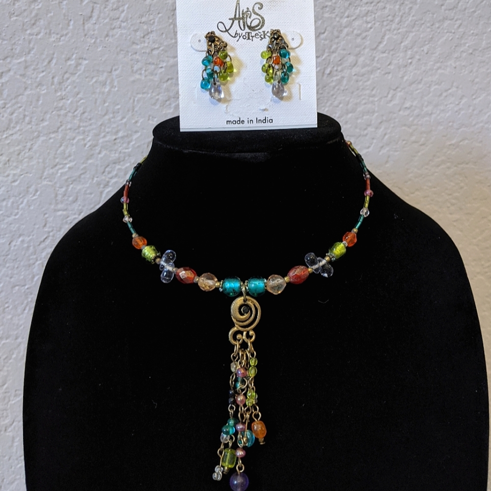 Aris by Treska Beaded Choker and Dangley Earrings, Multi Color